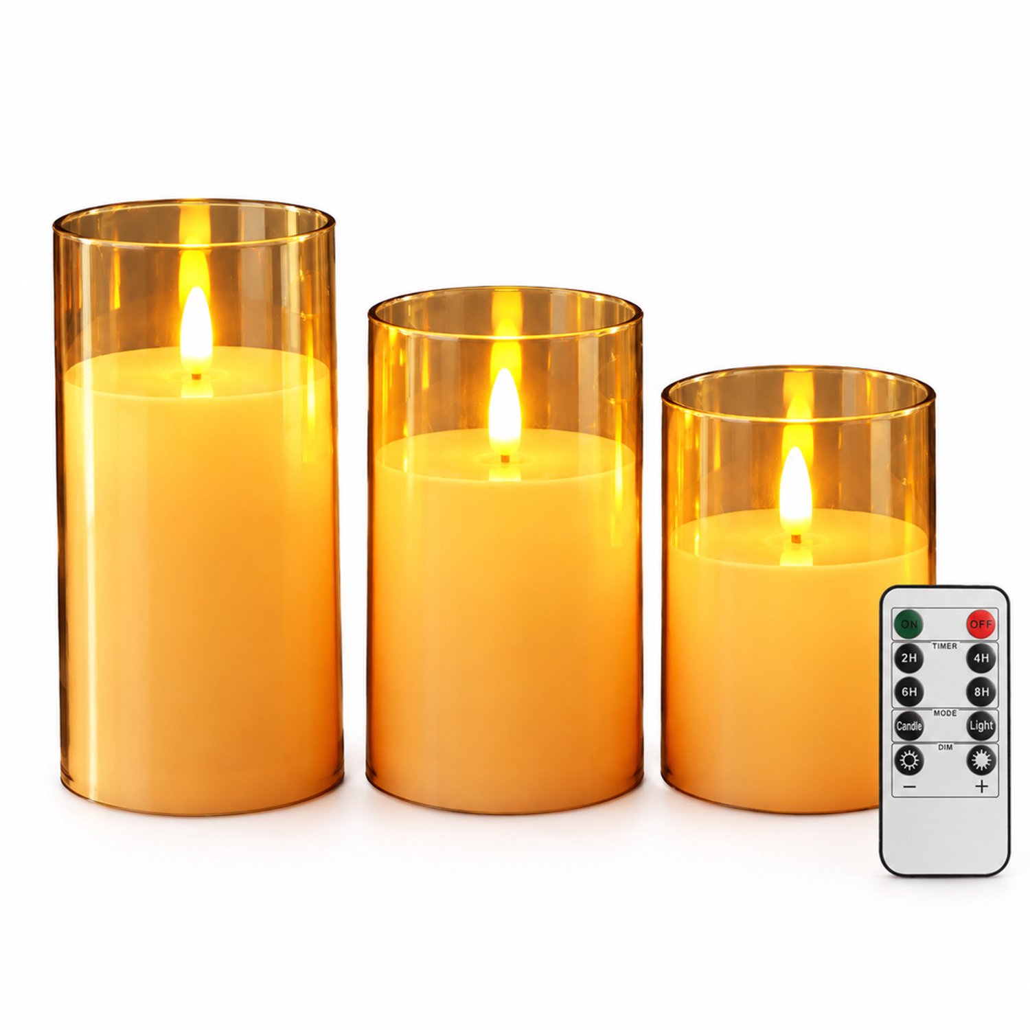 SWGOTA led kaarsen, set van 3 met afstandsbediening, bruine cilindervormige behuizing, Ø 7,8 cm, hoogtes 10/12,5/15 cm, op batterijen, zonder batterijen