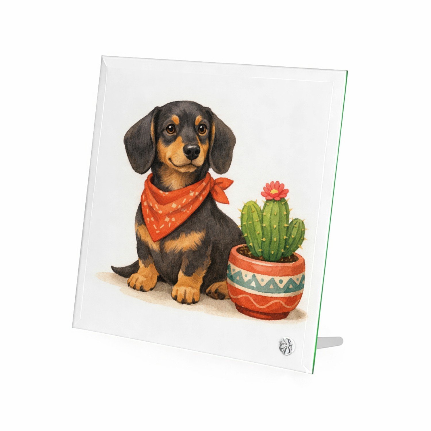Mr Cadeautjes Glasframe 20 x 20 - design Een eigenwijze teckel met een bandana, naast een kleine cact | cadeau Wit