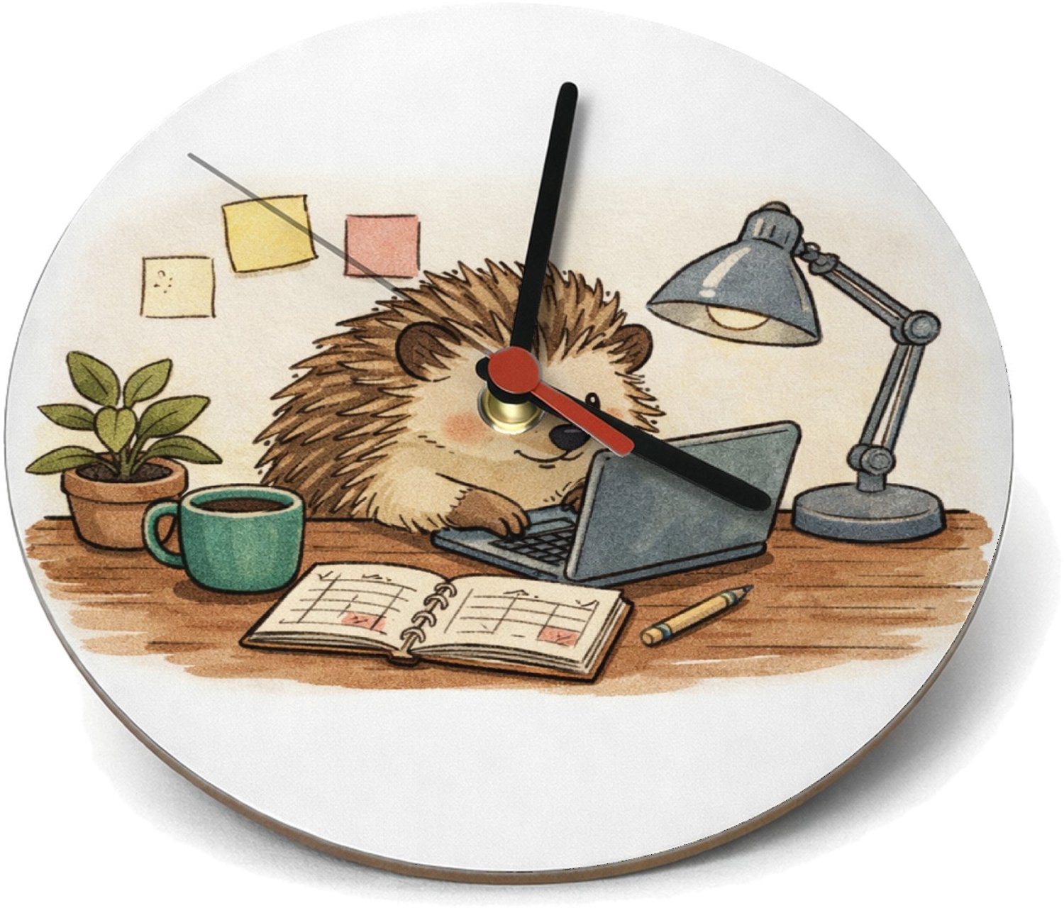 Mr Cadeautjes Klok rond Ø 19 - design Een egel in een kleine thuiswerkhoek met post-its, planner e | cadeau Wit