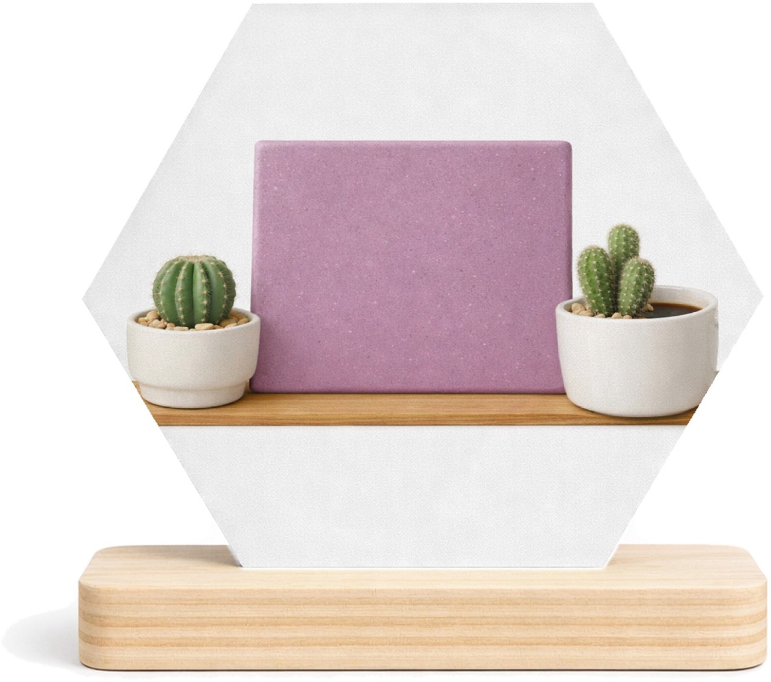 Mr Cadeautjes MDF fotolijst/inleg hexagon 14 x 13 - design Een minimalistische koffiemok met twee kleine cactussen en e | cadeau Wit