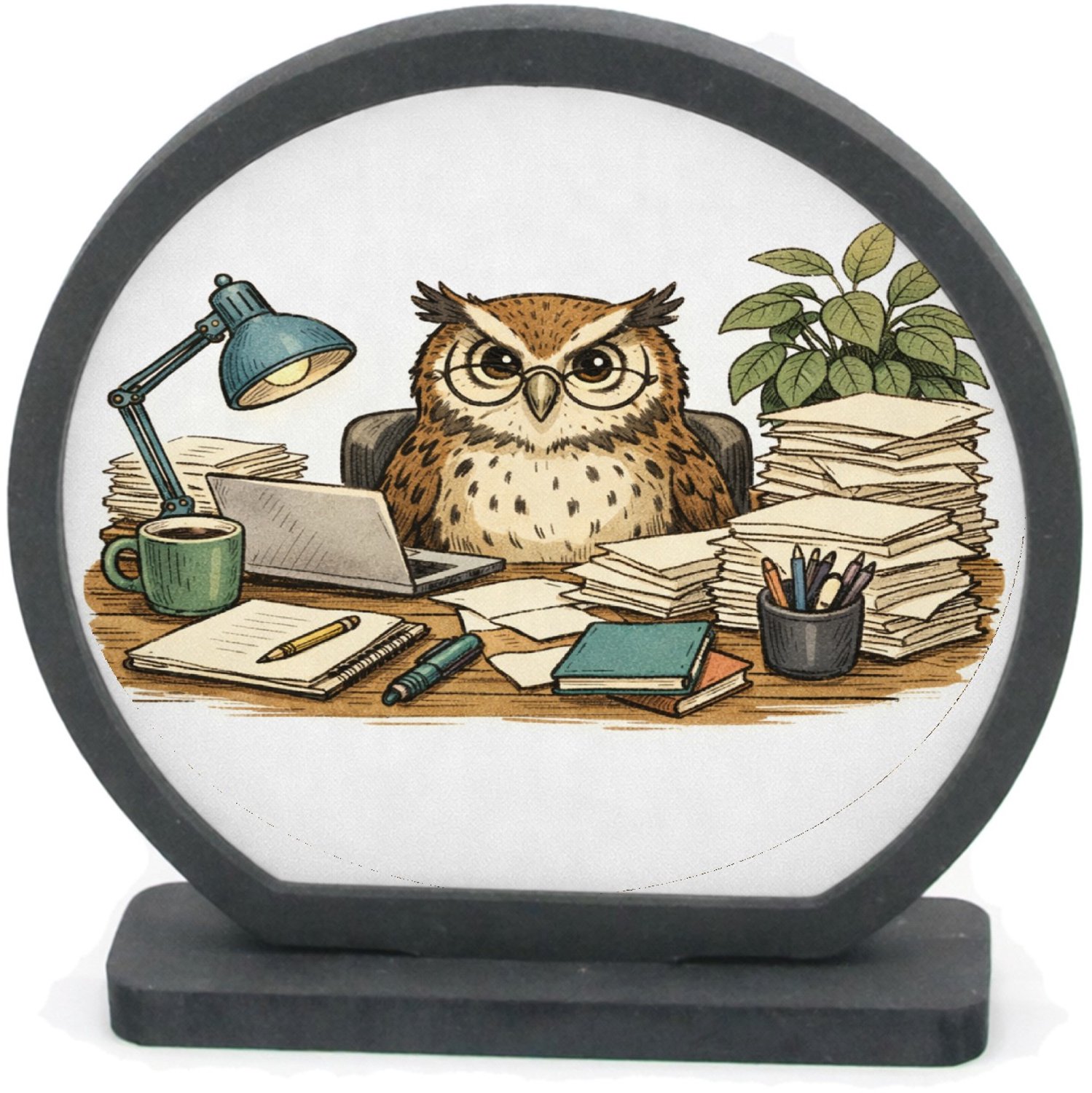 Mr Cadeautjes Houten fotolijst rond met MDF inleg - design Een bosuil die op een chaotisch bureau een stapel dossiers o | cadeau Wit
