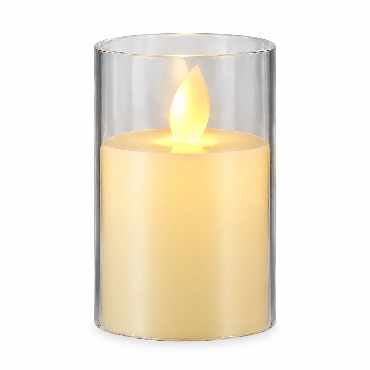 SWGOTA led kaarsen met bewegende vlam - cilindermodel 7.8 × 12.5 cm, transparante beker met vlakke rand, warm licht, op batterijen, exclusief batterijen Crème