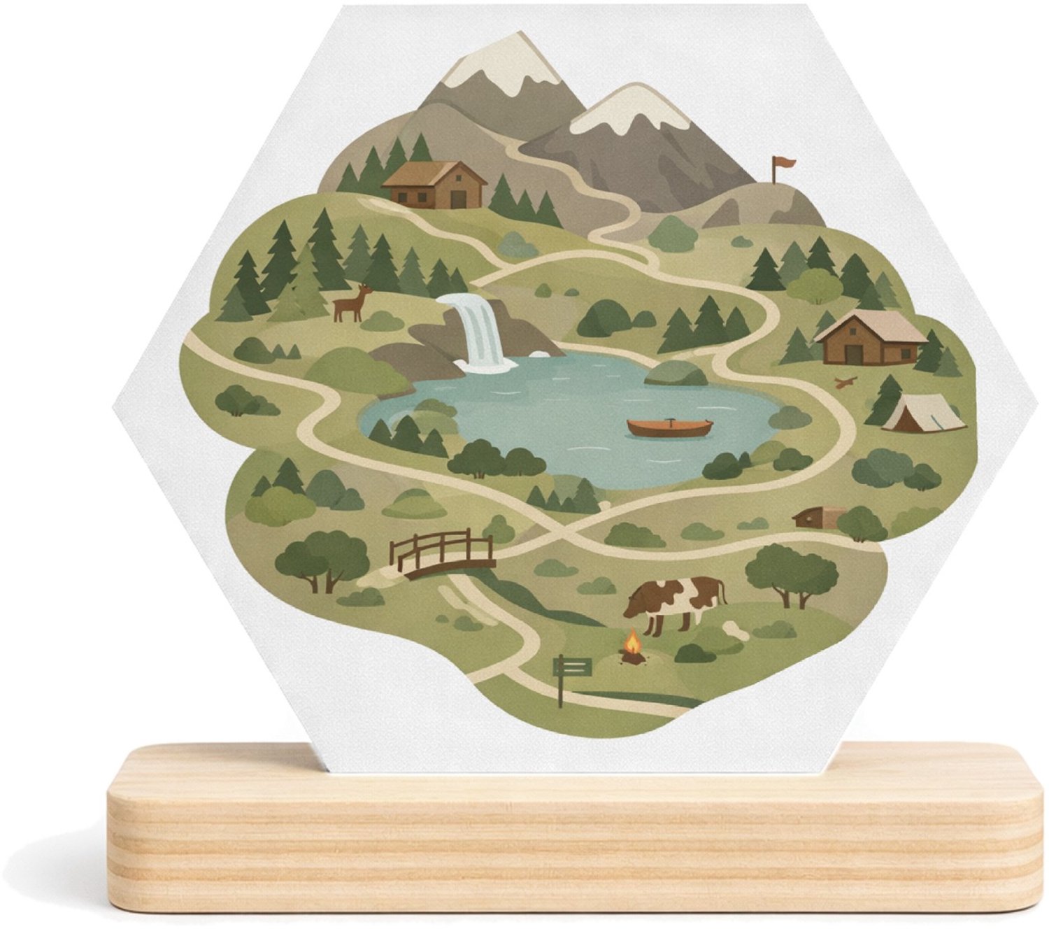Mr Cadeautjes MDF fotolijst/inleg hexagon 14 x 13 - design Een gestileerde bergregio met wandelroutes, hutten en kleine | cadeau Wit