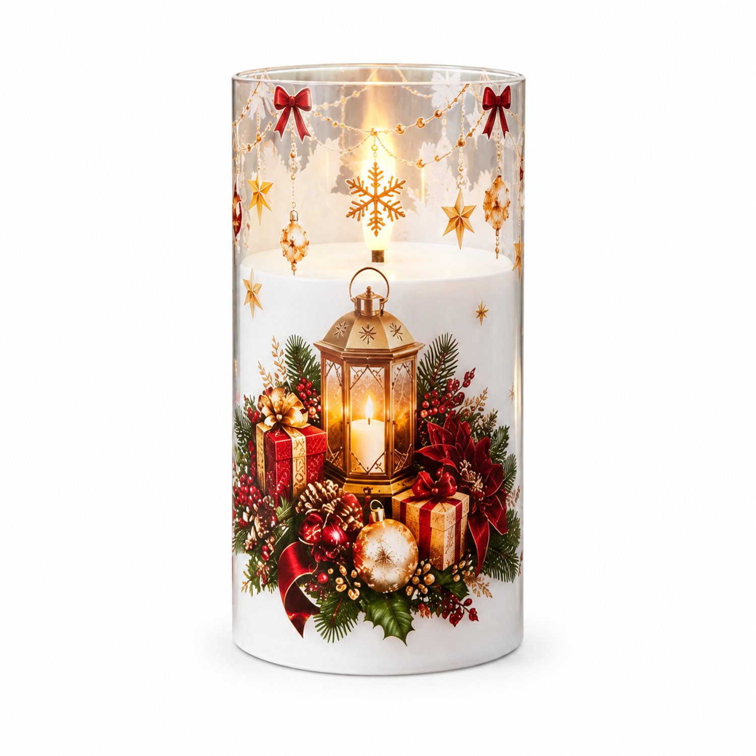 SWGOTA Led kaarsen voor kerstdecoratie - witte kaars van 7.5 x 15 cm met warm licht en kerstmotieven, geleverd zonder batterijen