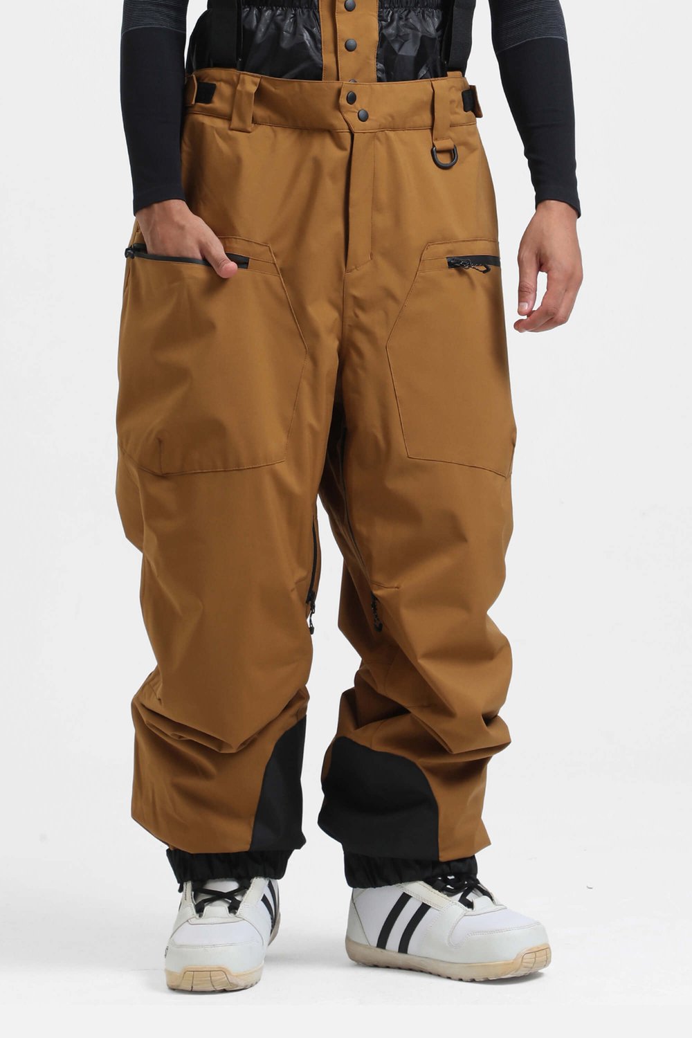 GSOU SNOW Gevoerde baggy ski- en snowboardbroek met afneembare bretels 15K waterdicht Lichtbruin