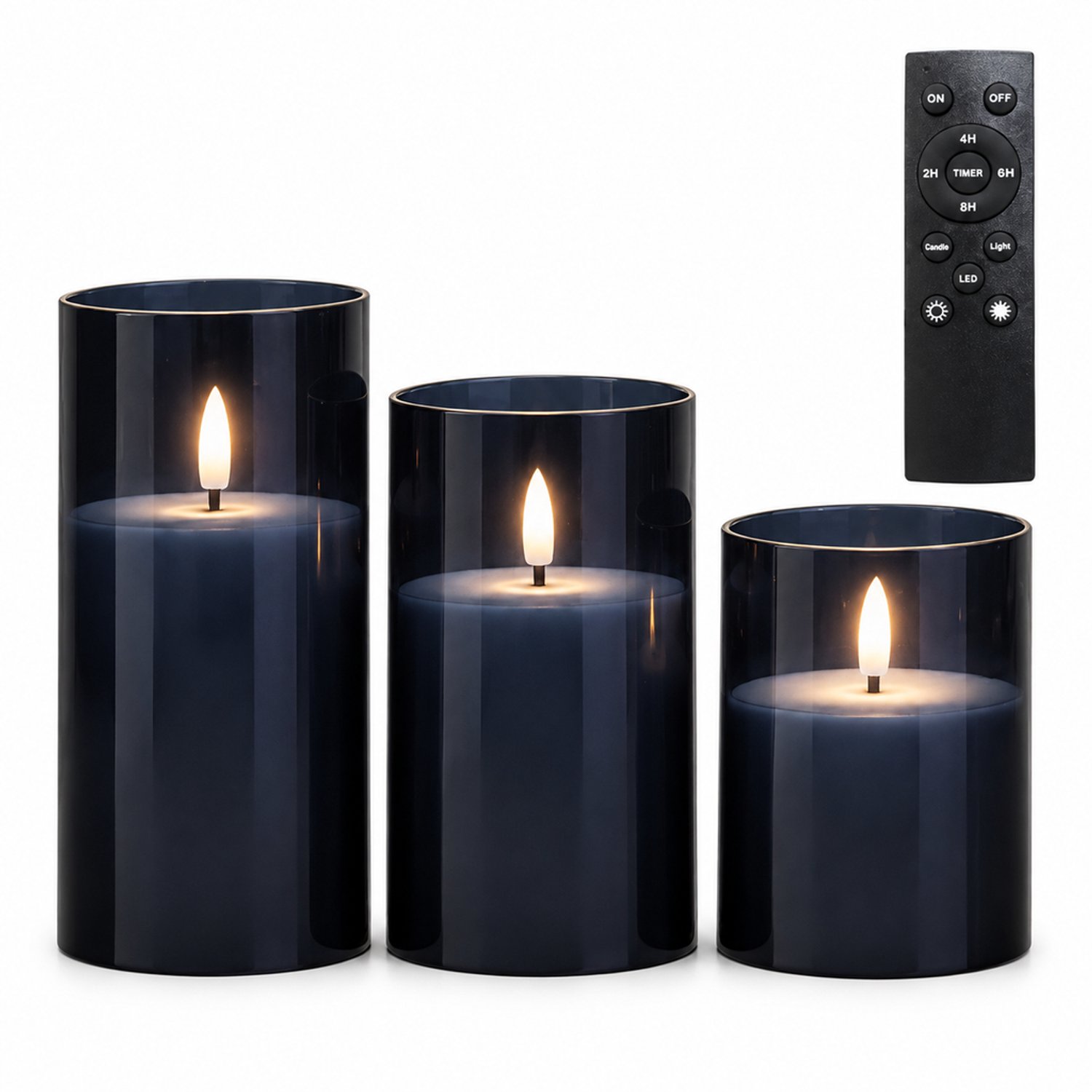 SWGOTA led kaarsen, set van 3 in donkerblauw, met vlamvorm en cilindrische behuizing, inclusief grote afstandsbediening met timerknoppen, decoratie voor Kerstmis en bruiloften