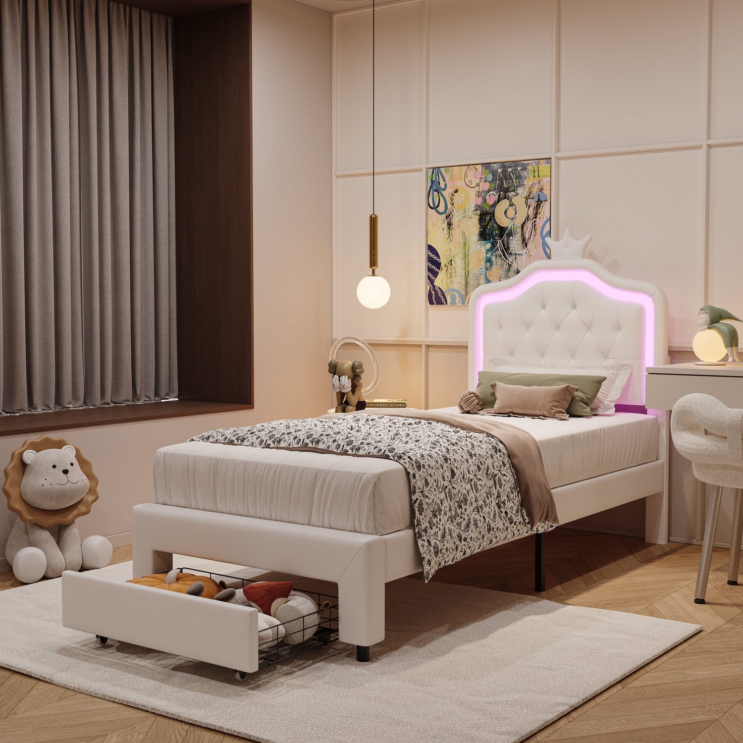 Mofor Gestoffeerd Kinderbed 90x200 cm met Lade en RGB LED-verlichting - Opbergbed - Kunstleer - Wit