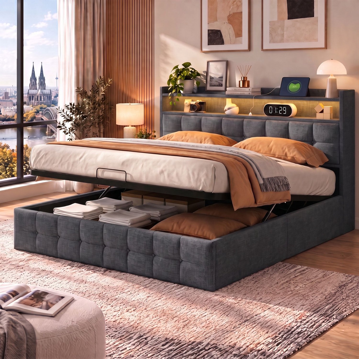 Mofor Gestoffeerd Opbergbed 140x190 cm met Lattenbodem, LED-verlichting en USB - Linnen - Grijs