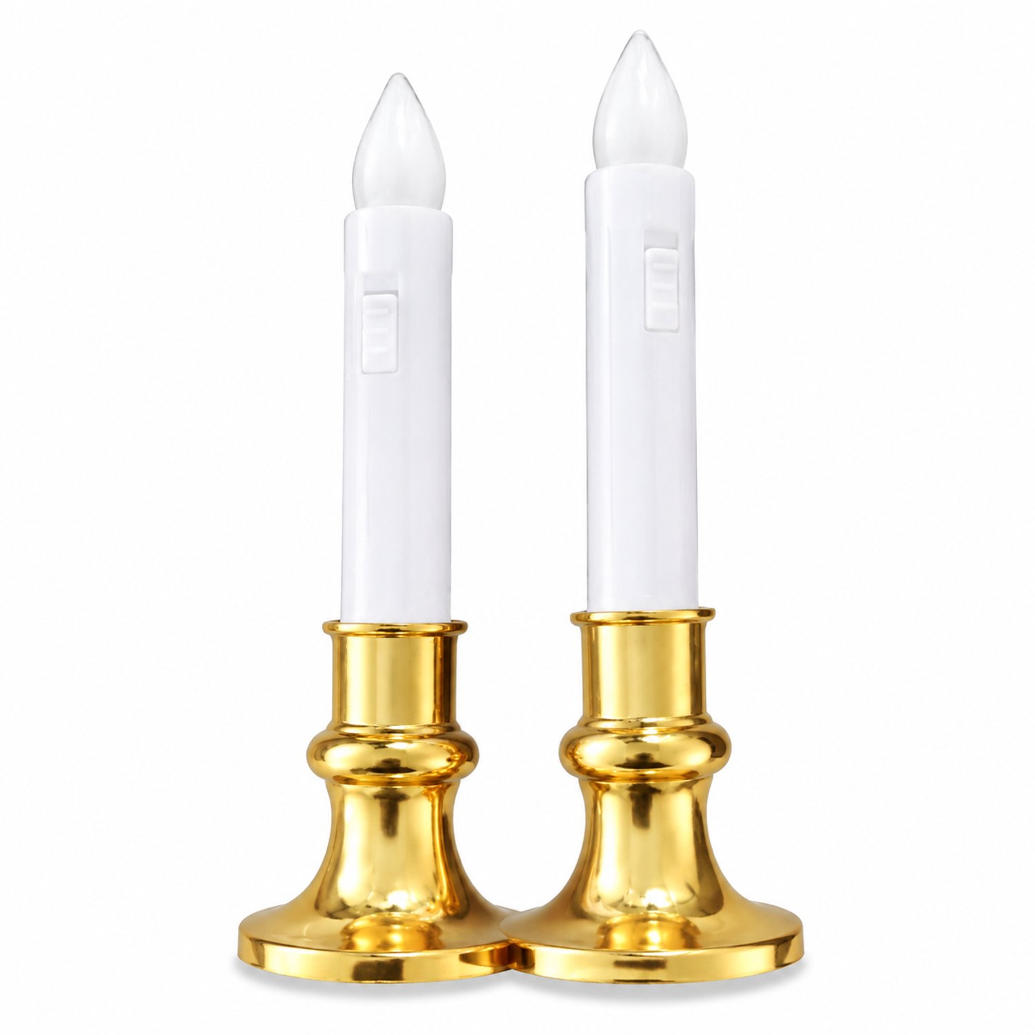 SWGOTA led kaarsen, 2 stuks van 13 cm, witte kunststof behuizing met geel licht en goudkleurige voet, op blisterkaart, voor bruiloften en feestdecoratie