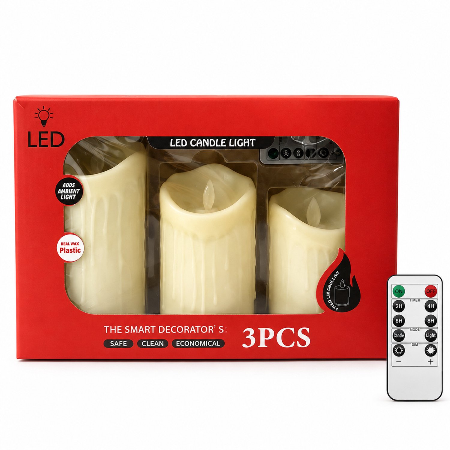 SWGOTA led kaarsen, set van 3 met afstandsbediening, bewegende vlam en druipmotief, in vensterdoos Crèmewit