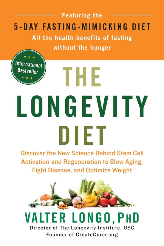 Boekomslag 'The Longevity Diet' door Valter Longo met verse groenten en noten onderaan.