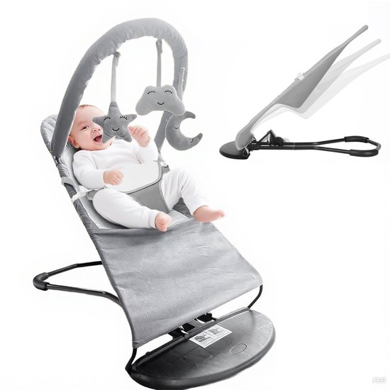 Wipstoel - Bouncer - Babywipstoel opvouwbaar - Baby Swing- 3 rugstanden - 3-puntsgordel - speelboog met 3 knuffels - afneembare wasbare katoenen hoes - tot 15 kg - lichtgrijs — afbeelding 3