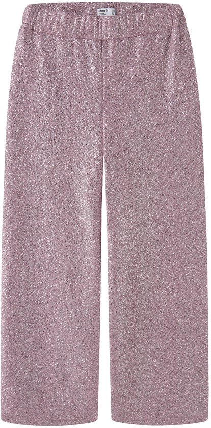 Roze Name it broek met wijde pijpen, glitters en merklabel in de elastische taille.