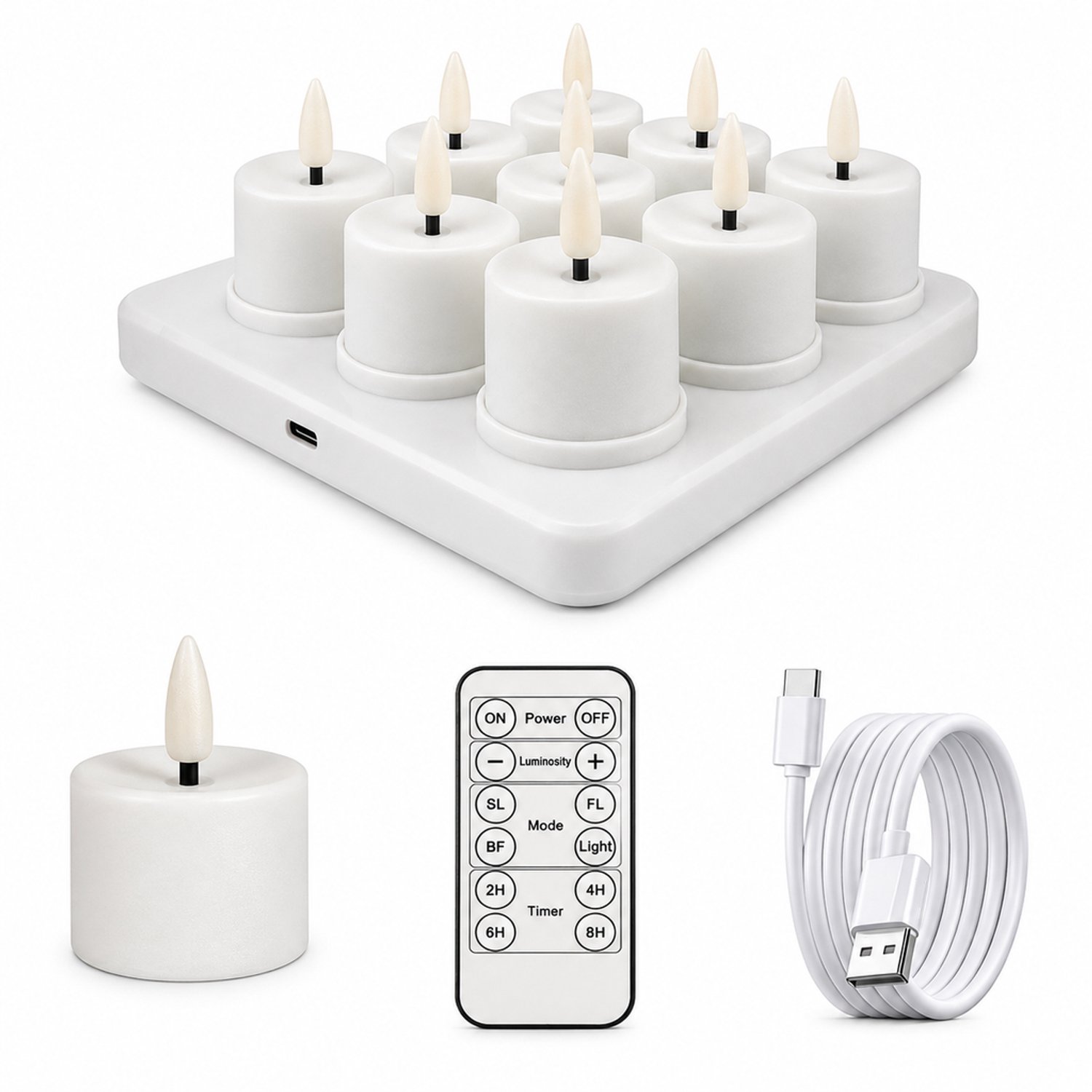 SWGOTA led kaarsen, set van 9 witte gladde theelichtjes met warm licht, Type-C-oplaadbaar, 3×3-basis, afstandsbediening en laadkabel