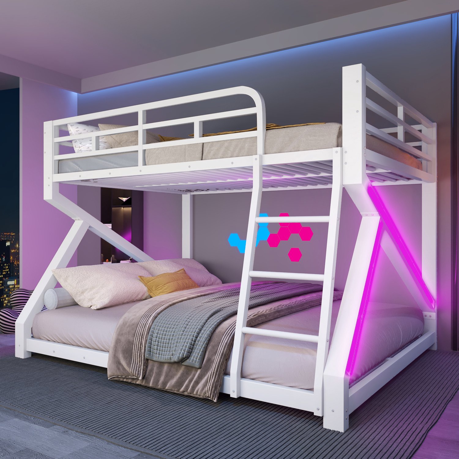 Zubaliya Stapelbed 140 x 200 cm, 160 x 200 cm, ijzeren frame, kinderbed, met LED-lichtbalk, veiligheidsleuning, ladder, zonder matras, wit