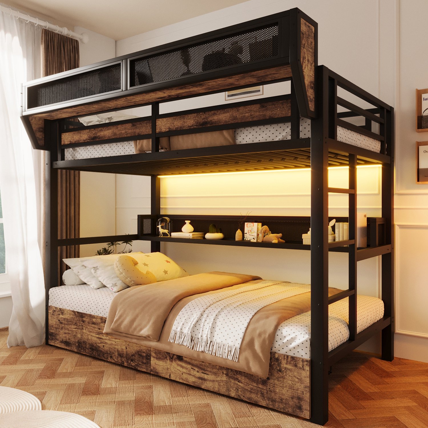 Zubaliya Stapelbed 90 x 200 cm, ijzeren bed, legplank, opbergmand, 2 ijzeren laden, LED-licht, zonder matras, zwart