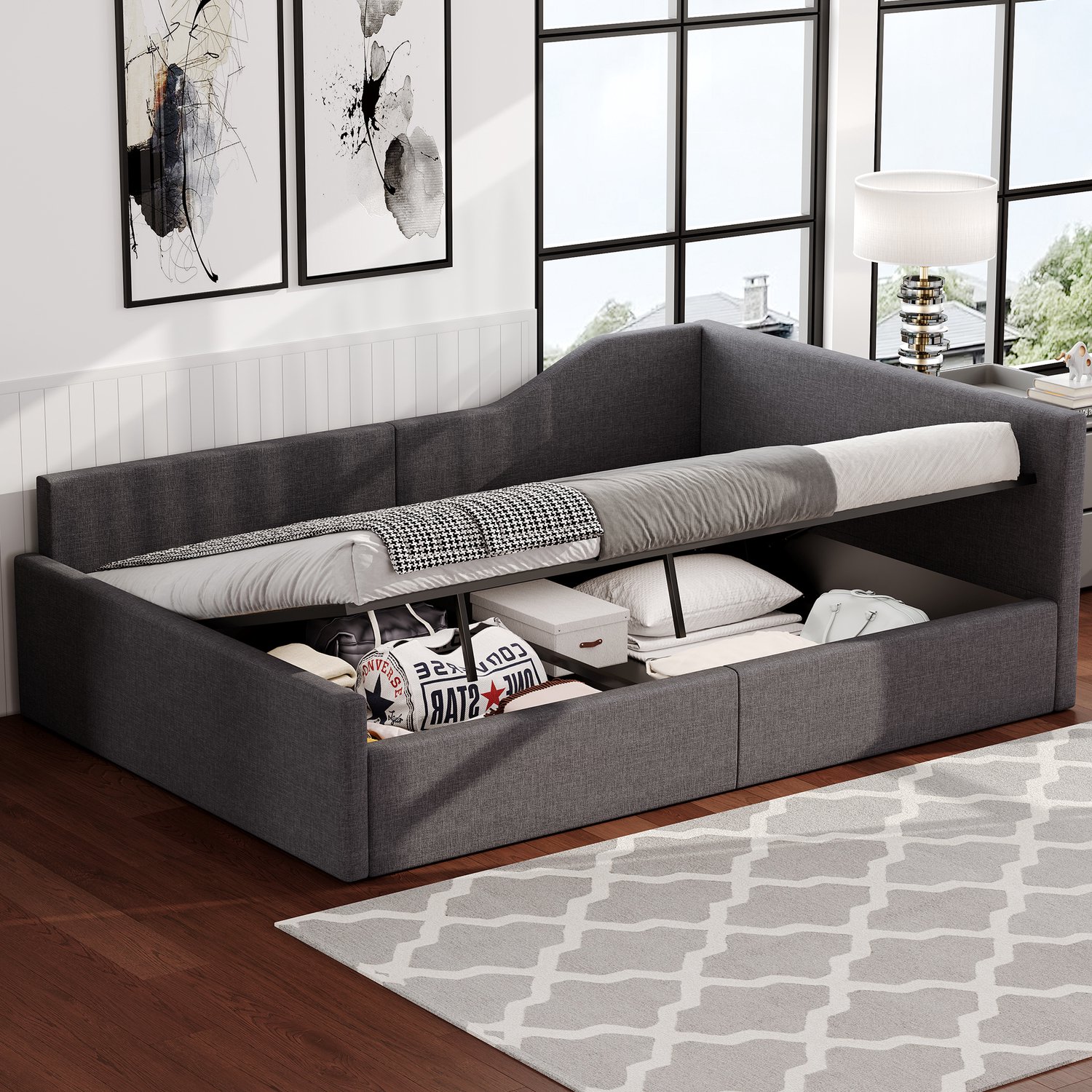 Clruro Gestoffeerde Bank - 140x200 cm - Gestoffeerd - Opbergruimte onder Bed - Linnen - Grijs