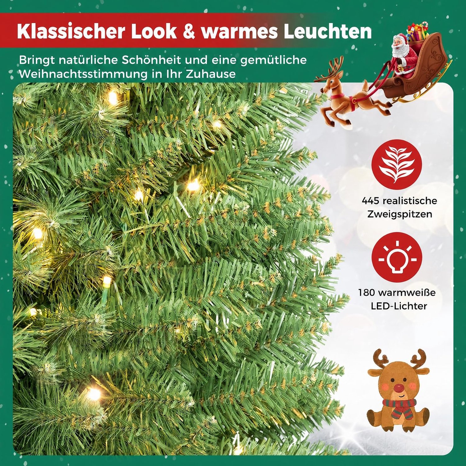 COSTWAY 180 cm Kunstkerstboom smal met verlichting - 445 takken - 180 warmwitte LED-lampjes - Metalen Standaard - Snelle Montage – foto 3
