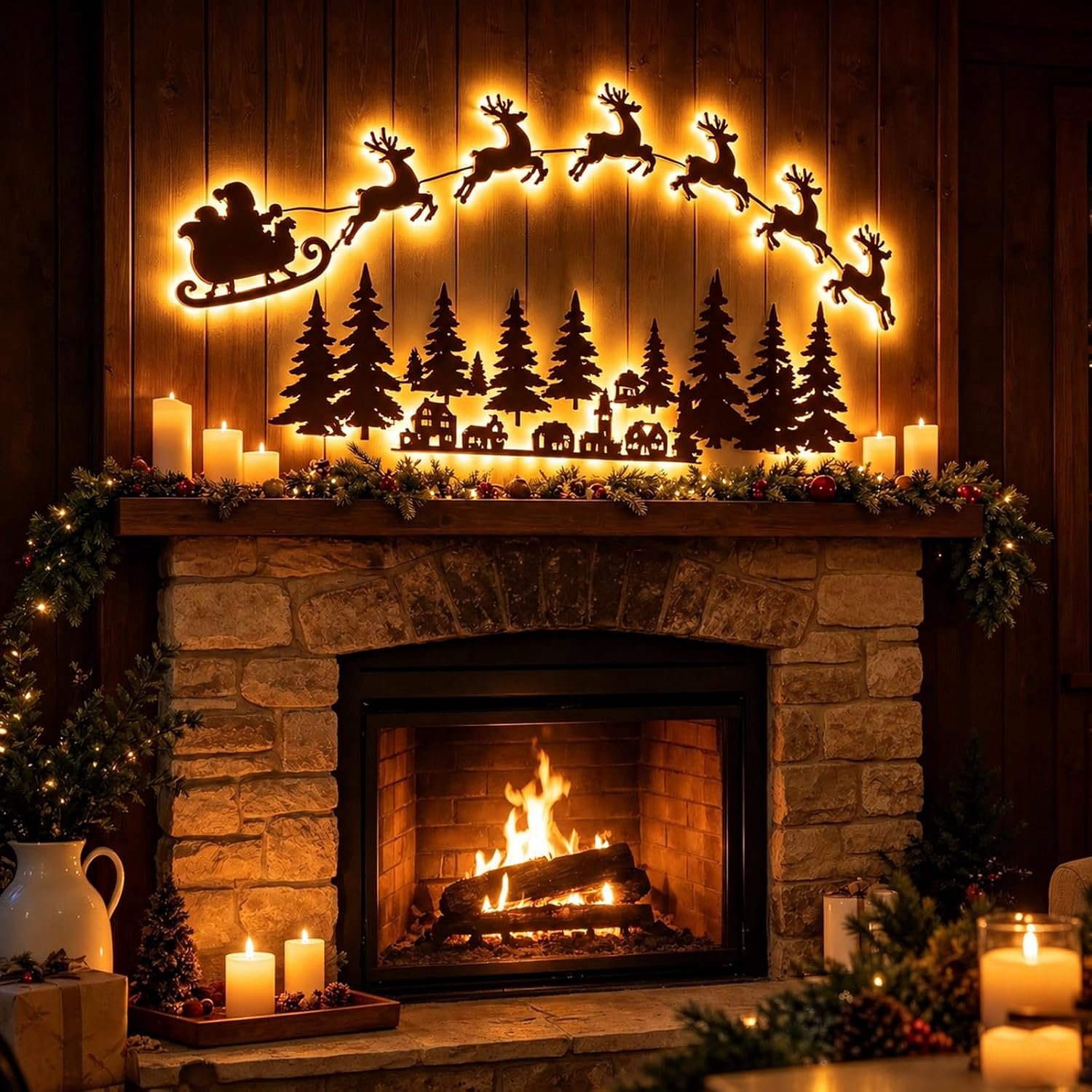 Wanddecoratie - Lichtende rendieren - Kerstversiering - De Kerstman + 6 rendieren - 3D houten kerst silhouet - Werkt op batterijen - met afstandsbediening - Onafhankelijk licht - Zelfklevend - Wandlamp - Voor Woonkamer, Slaapkamer, Gang & Schouw – foto 6
