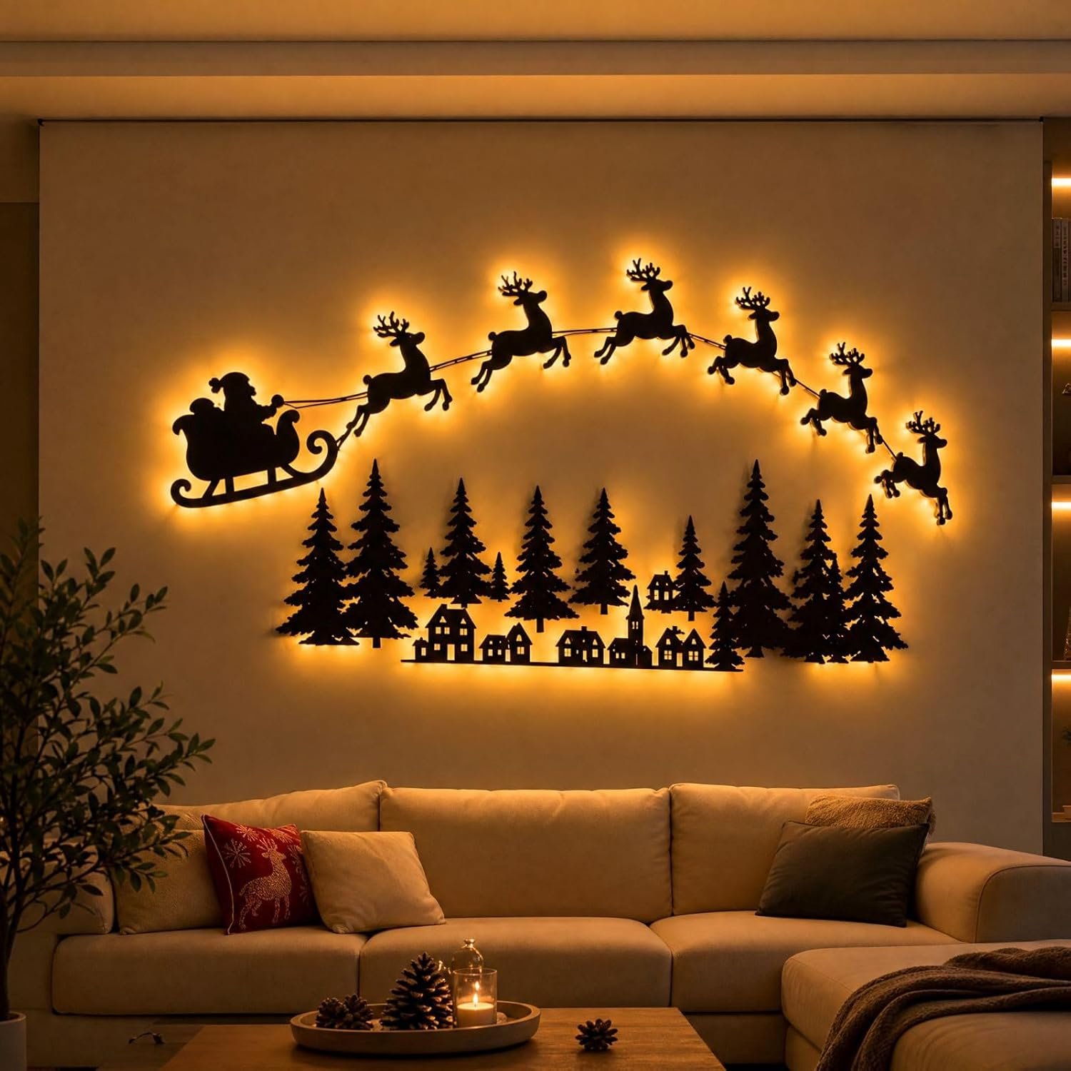 Wanddecoratie - Lichtende rendieren - Kerstversiering - De Kerstman + 6 rendieren - 3D houten kerst silhouet - Werkt op batterijen - met afstandsbediening - Onafhankelijk licht - Zelfklevend - Wandlamp - Voor Woonkamer, Slaapkamer, Gang & Schouw