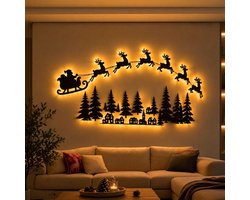 Wanddecoratie - Lichtende rendieren - Kerstversiering - De Kerstman + 6 rendieren - 3D houten kerst silhouet - Werkt op batterijen - met afstandsbediening - Onafhankelijk licht - Zelfklevend - Wandlamp - Voor Woonkamer, Slaapkamer, Gang & Schouw