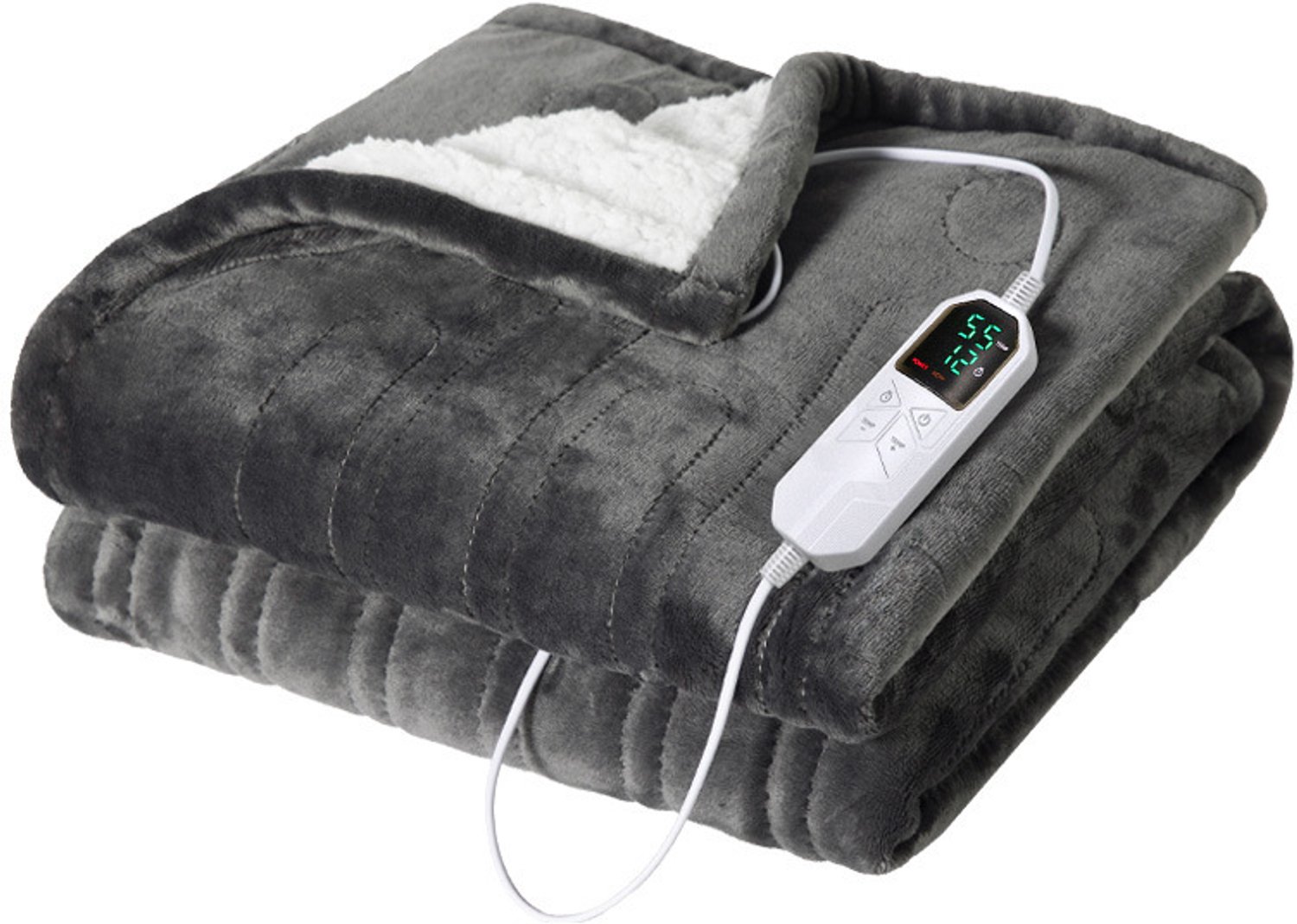 Elektrische Deken - 127x152 cm - 35-55°C - 8 Standen - 6 Timers - 5 Min Snelle Opwarming - Warmtedeken Plaid - Flanel & Sherpa - Voor Bank & Bed - Grijs