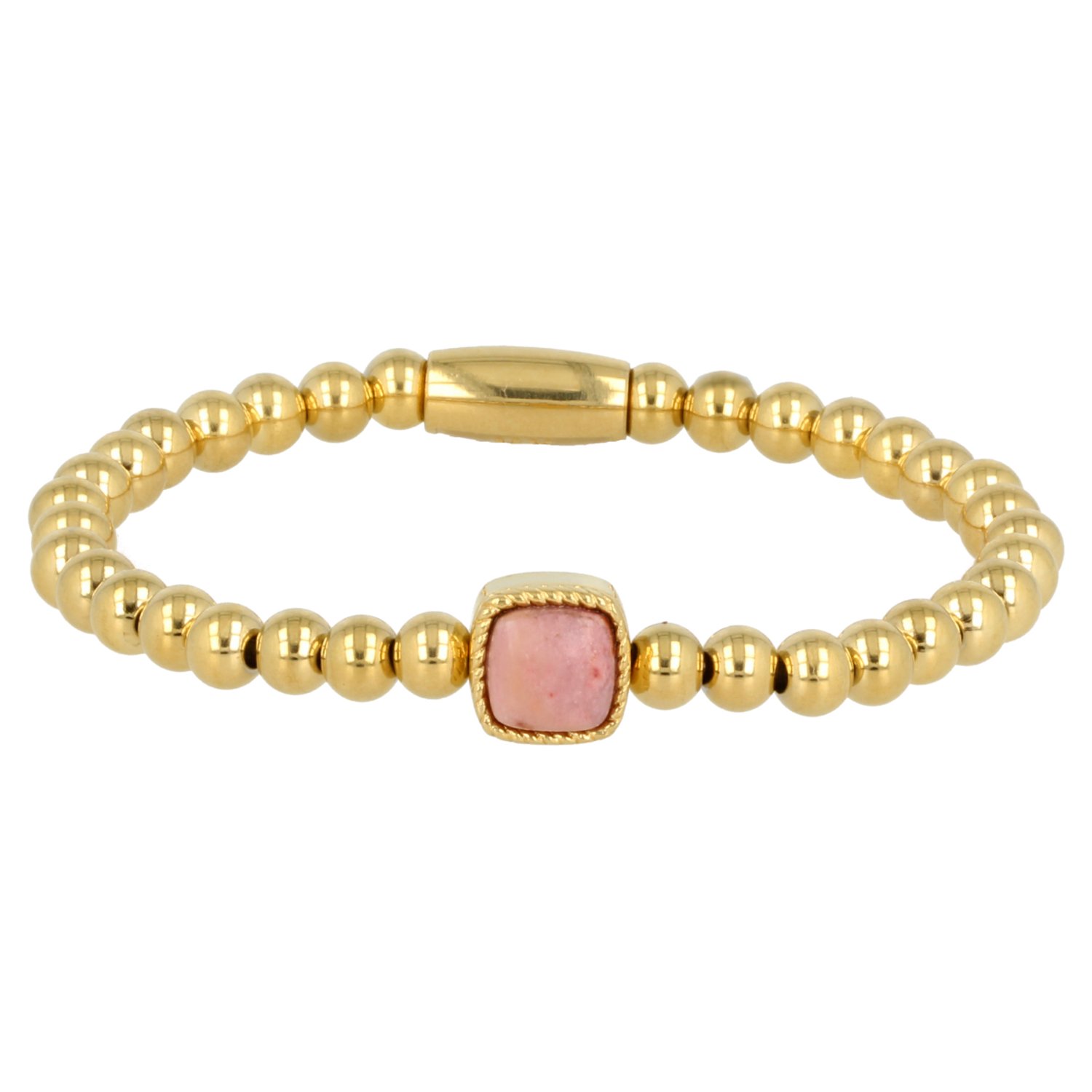 My Bendel - Goudkleurige Elastische Bedelarmband met Rhodenite Edelsteen - Goudkleurige Armband met Rhodonite Edelsteen - met Luxe Cadeauverpakking | Sieraden Voor Dames | Maat S