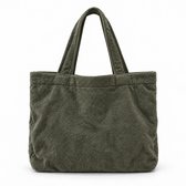 Olijfgroene velours mom bag met brede schouderbanden, voorzijde.