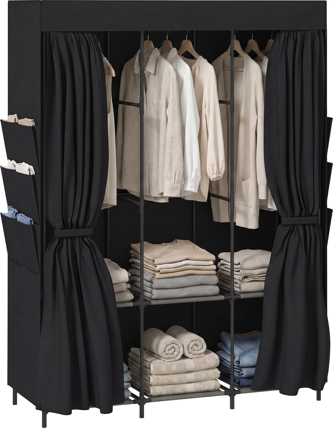 ECTEATOY Stoffen Kledingkast - met 3 Roedes 3 Planken - 130x45x167 cm - Zwart