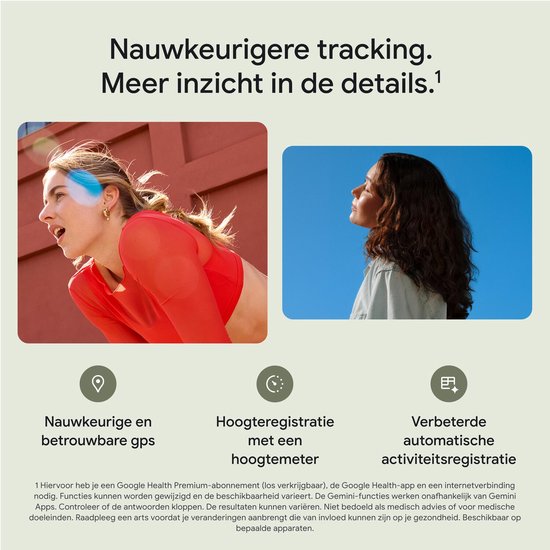 Vrouw die sport, met infografiek over gps, hoogteregistratie en automatische activiteitenregistratie.