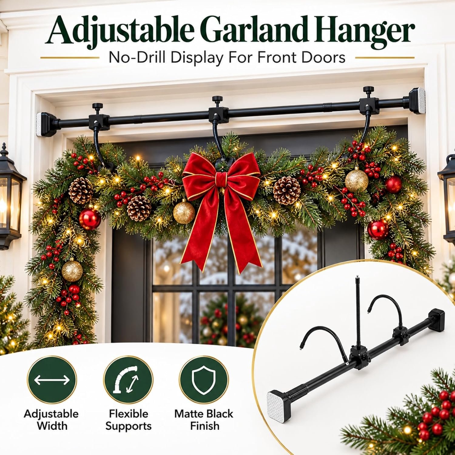 Kranshanger - Kerstkrans deurhaak - Adjustable Garland Hanger for Front Door - 80-100cm - Metalen Feestdecoratie Houder voor Kerstkrans en Halloween - Geen Schroeven of Boren Nodig – foto 2