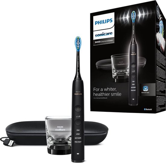 Zwarte Philips Sonicare 9000 DiamondClean tandenborstel met oplaadglas, reisetui en doos met 'For a whiter, healthier smile'.