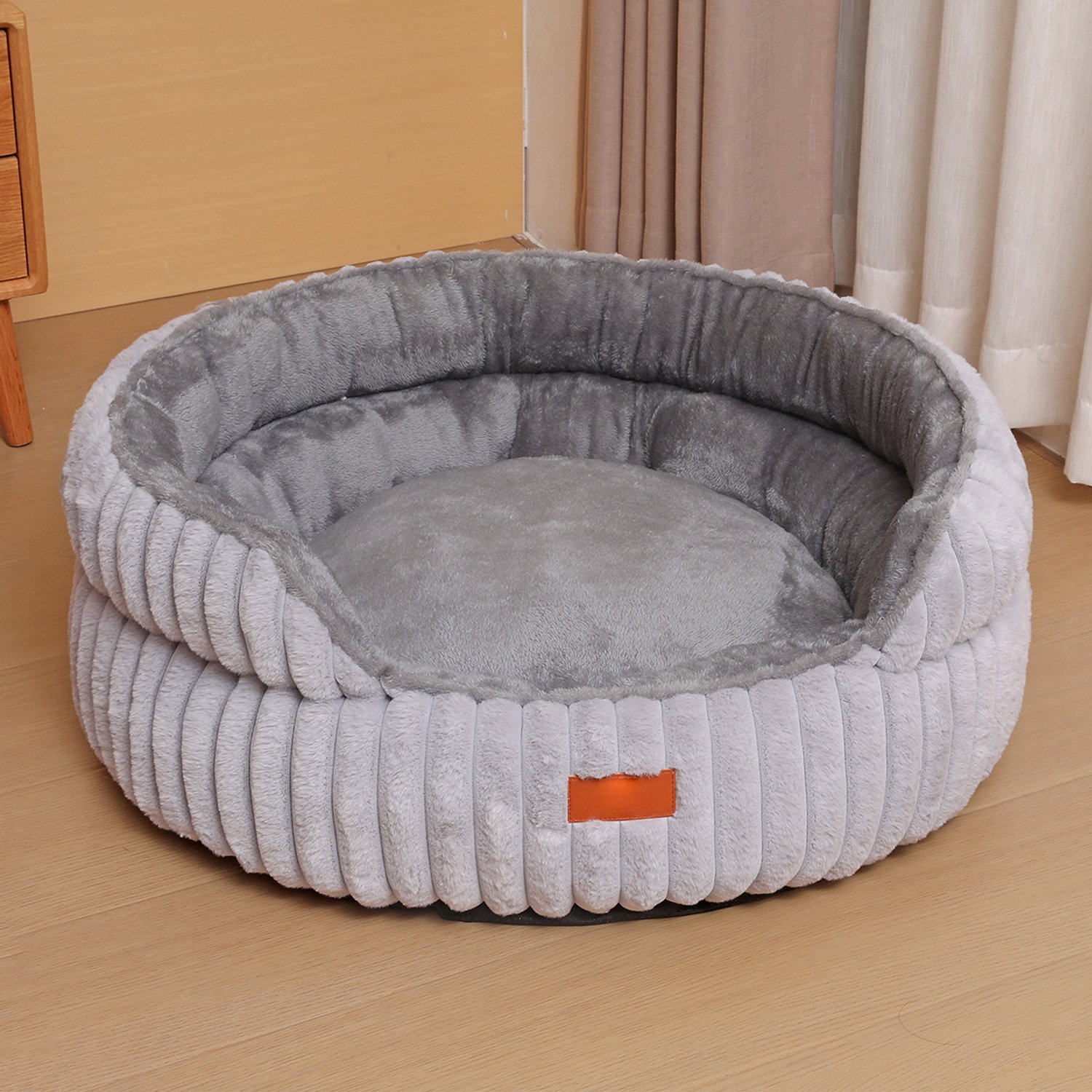 YAGXIG Huisdierbed – Honden-/kattenbed – Warm pluche huisdiermatje – Wasbaar – Rond ontwerp met extra vulling – Grijs (50 cm)