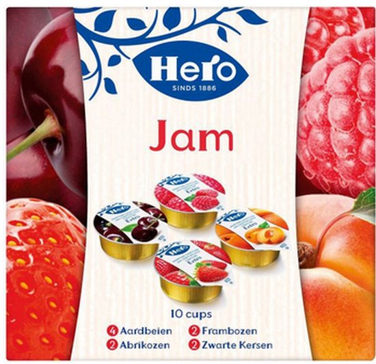 Verpakking Hero jam met 10 cupjes in smaken aardbei, framboos, abrikoos en zwarte kers.