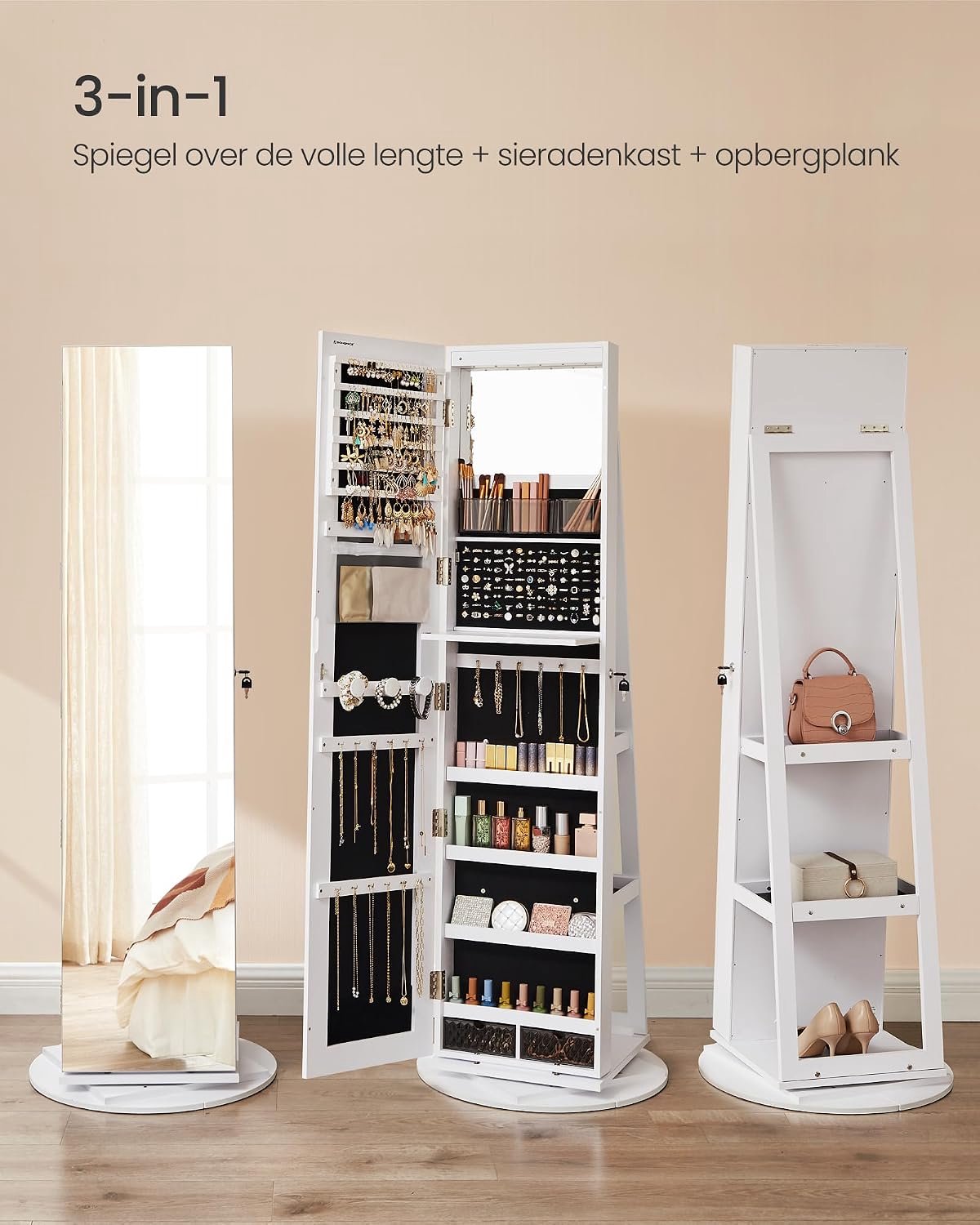 Luxe 360° Draaibare Sieradenkast met Spiegel, LED Verlichting en Make-up Opbergruimte