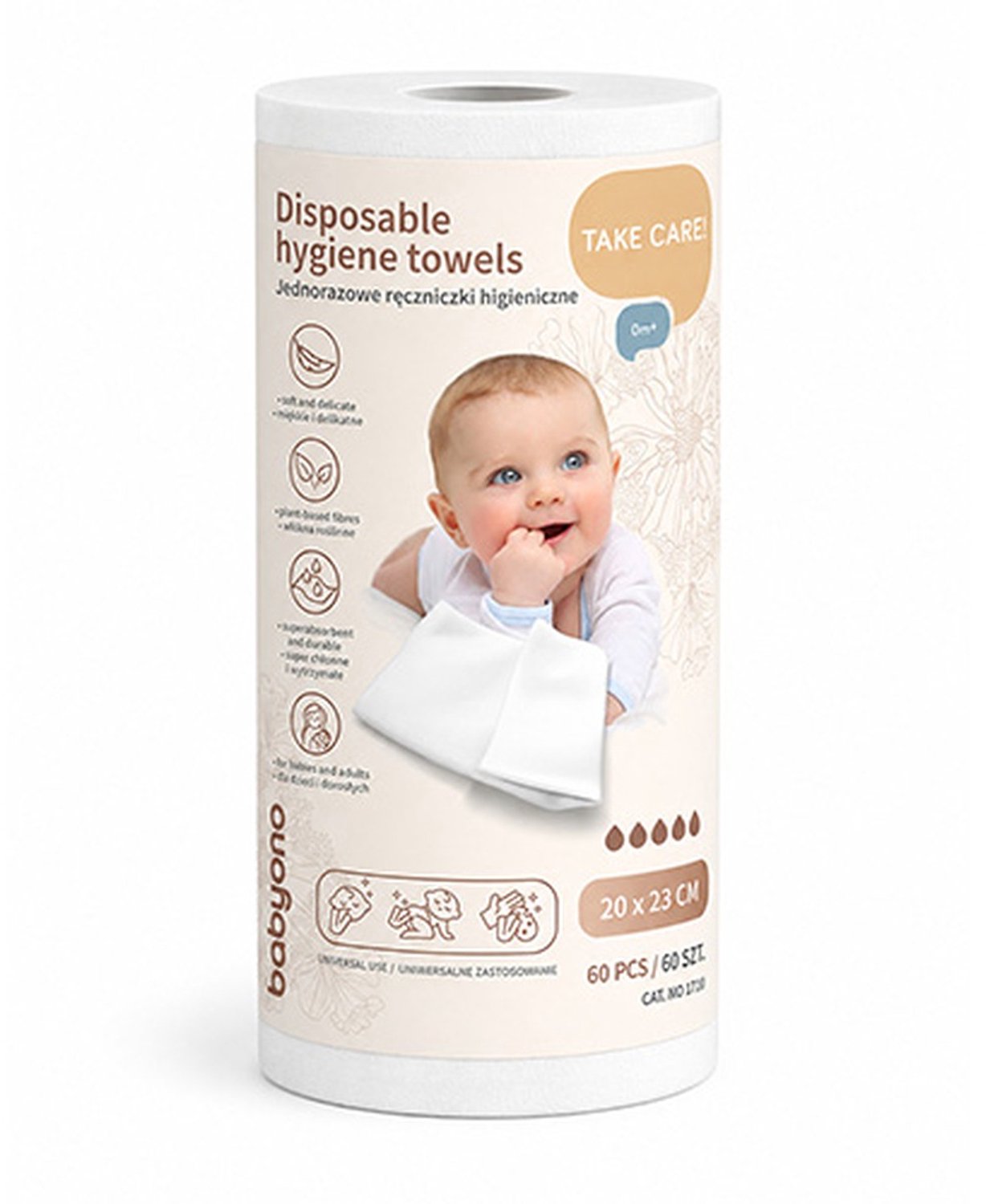 BabyOno Wegwerp Washandjes Baby - 60 Stuks op Rol - 100% Viscose - Droog en Nat te Gebruiken - 20 x 23 cm - 0 m+