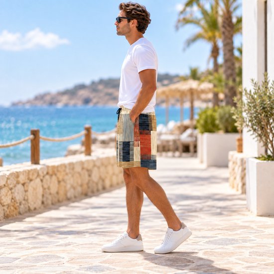 Zijaanzicht van een man in een wit T-shirt en korte broek met patchwork-patroon langs een kustpad.