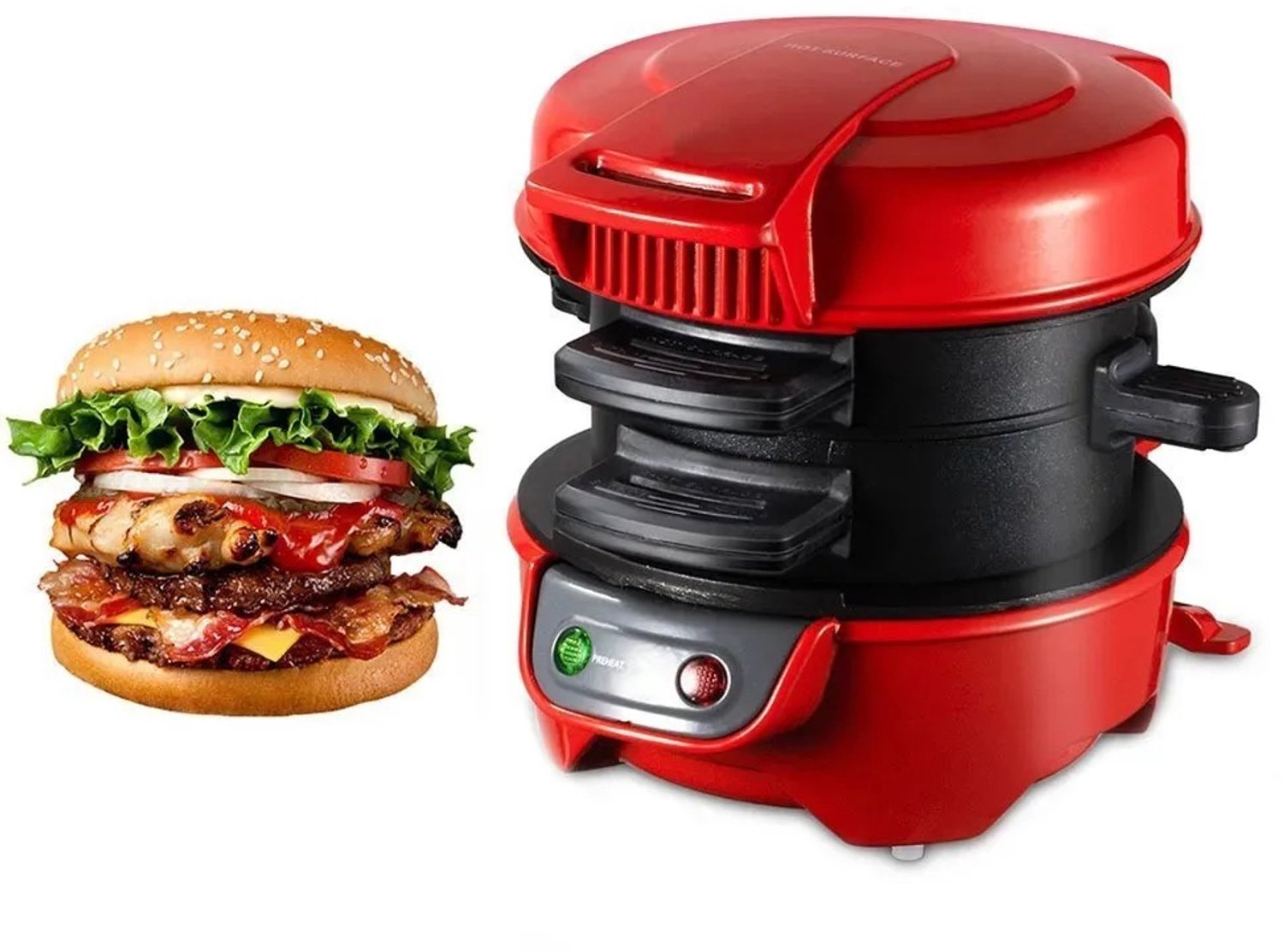 DeltaMerch Burger Machine - Grill - Mini Hamburger - Electric Mini Ontbijt Maker - Draagbaar - Multifunctioneel - 220V - Non Stick Platen - Rood