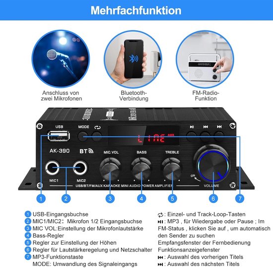 Mini Stereo Versterker 2.0 Kanaal - 80 Watt Uitgangsvermogen - Bluetooth 5.0 - Compact Formaat - Voor Home Audio En Karaoke — afbeelding 3