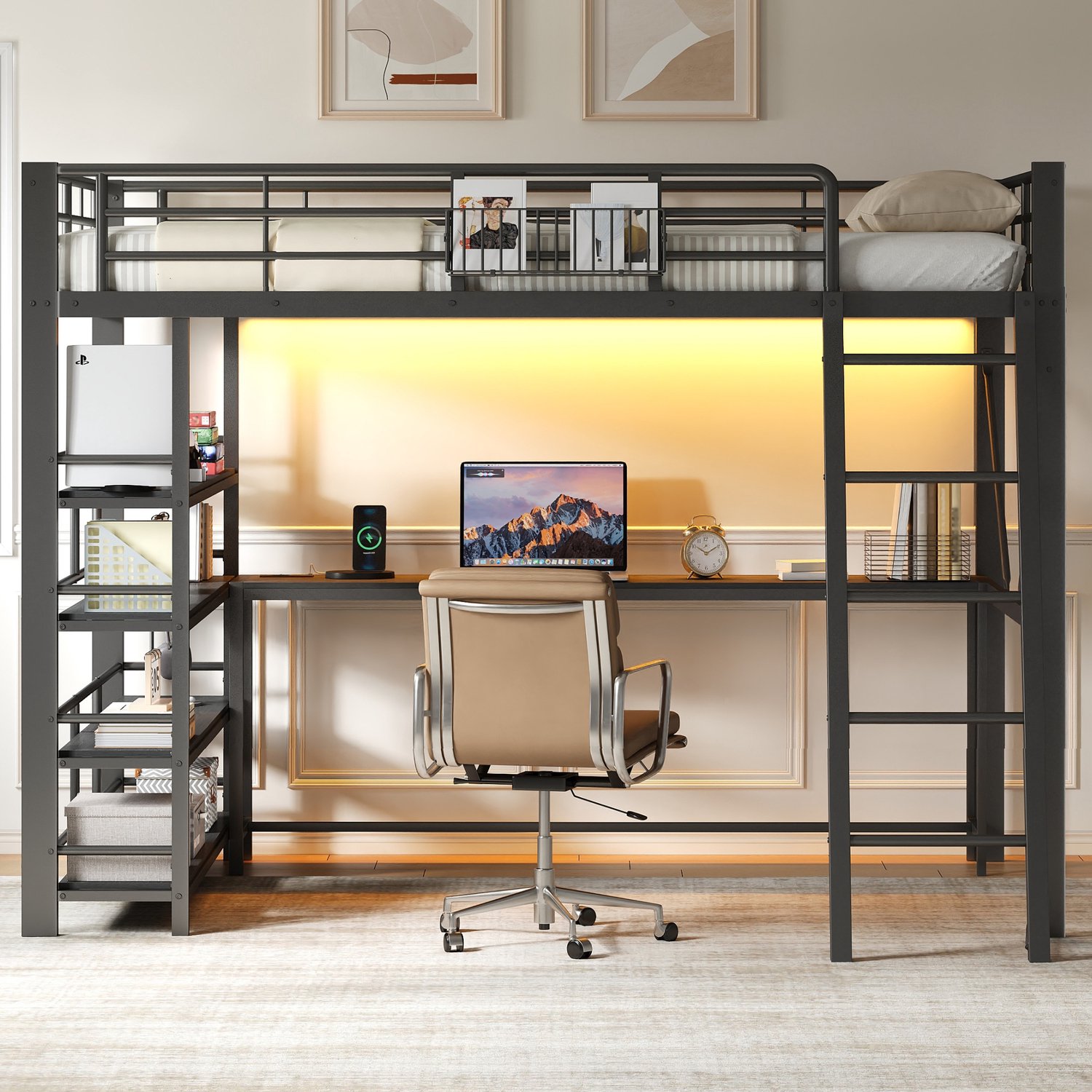 MUVANO Metalen hoogslaper 140x200 - Hoogslaper met geïntegreerd bureau - Zwarte hoogslaper met opbergvakken - Ruimtebesparend bed - LED en USB - Zwart