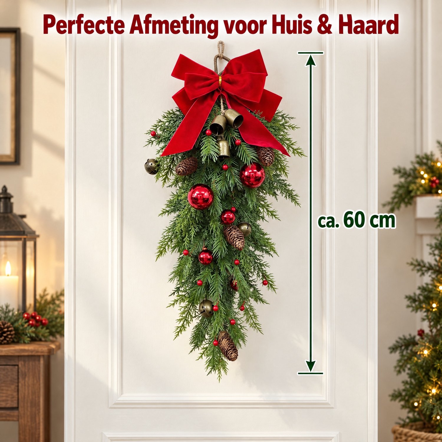 Premium Kerstslinger met LED( 60 cm) – Kerstguirlande – PE Kerstdecoratie – Rode Strik, Dennenappels & Belletjes - Kerstversiering voor trap / deur – foto 2