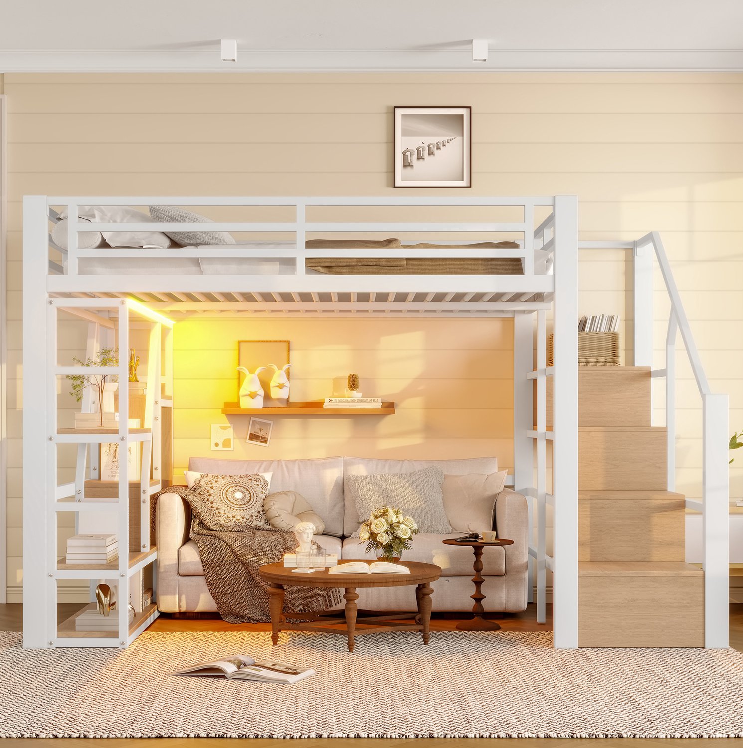 Wishdor Hoogslaper 140 x 200 cm - Opbergruimte en meerkleurige LED-verlichting - Uitvalbeveiliging en trap - Open ruimte onder bed - Kinderkamer - Metaal en MDF - Wit