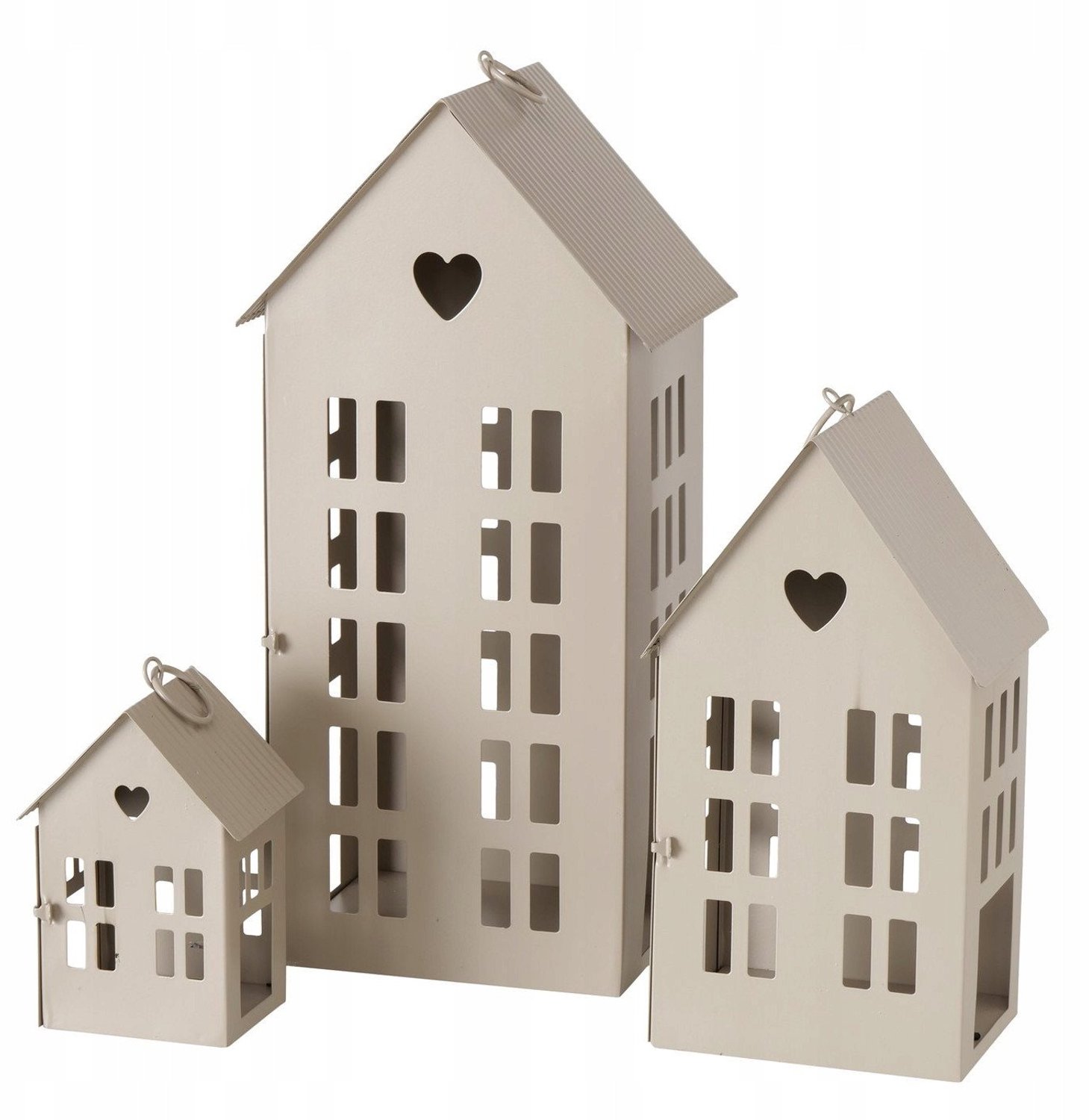 Boltze decoratieve huisjeslantaarns Alamo - set van 3, metaal, beige, 13-35 cm