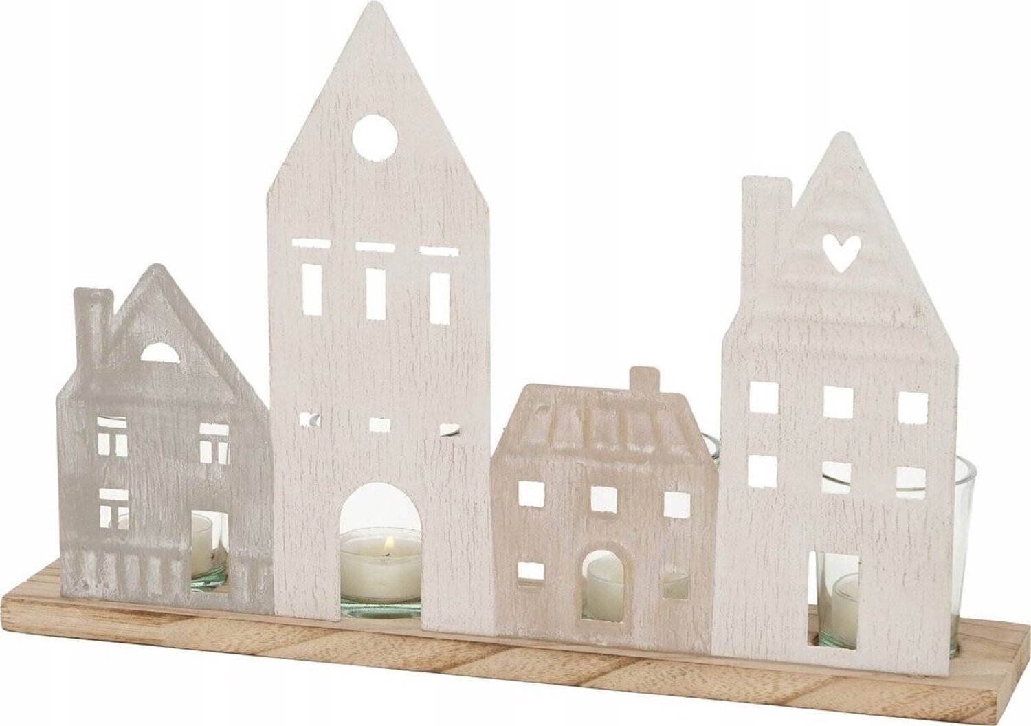 Boltze theelichthouder Nordy - houten huisje voor 4 kaarsen, 24 x 36 cm, hout en glas Beige