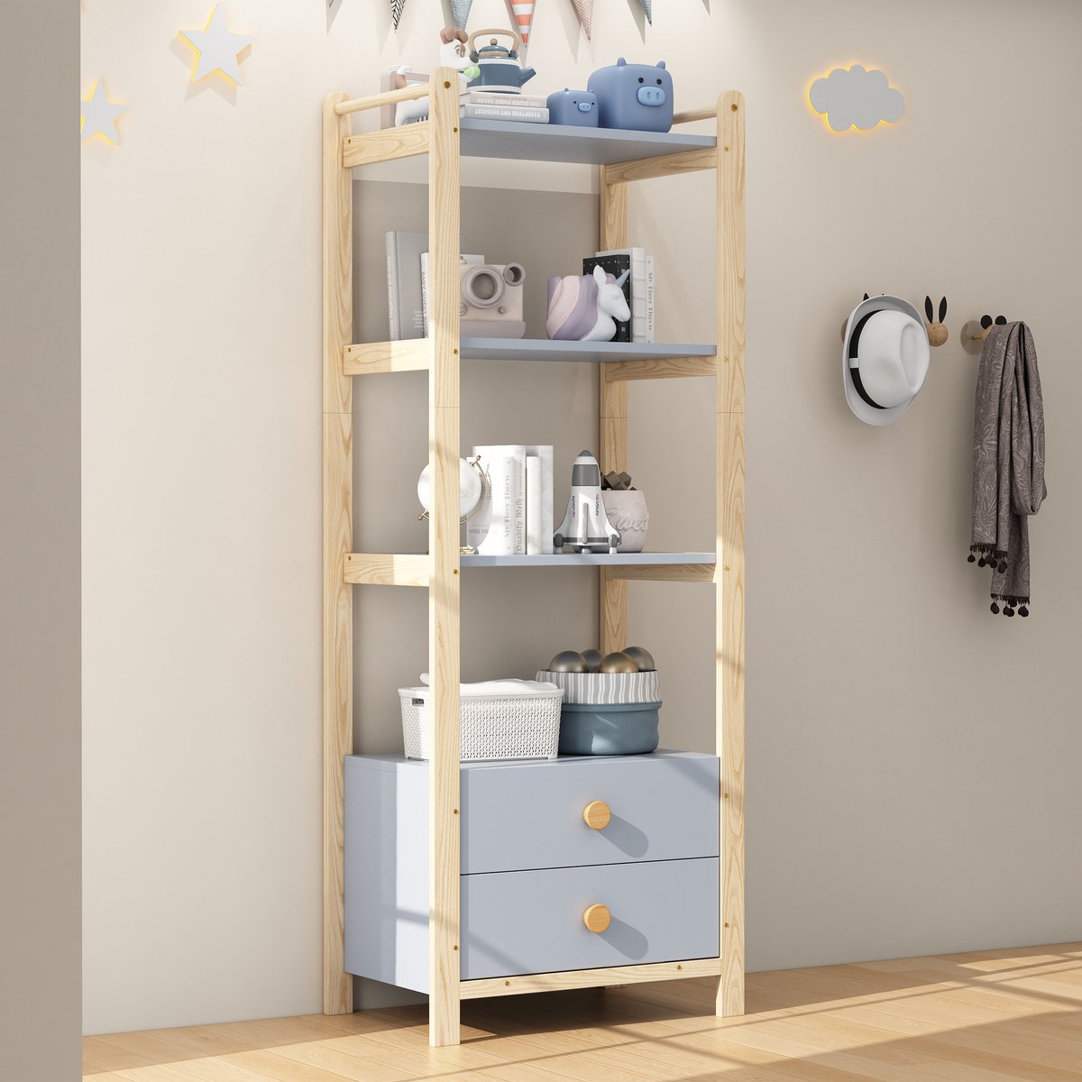 MODFU Boekenkast - 4 Lagen - 2 Lades - Houten Handgrepen - Blauw - 70 x 44 x 180 cm