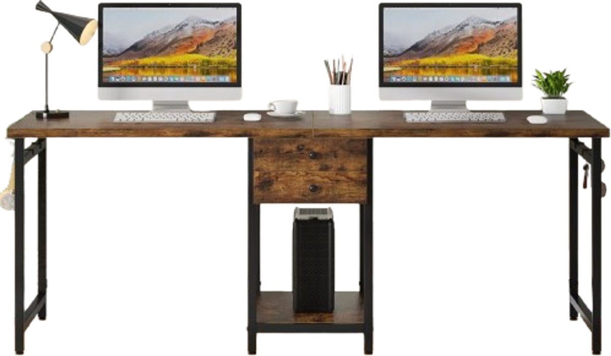 Mura Bureau - Desk - Bureautafel - Werktafel - Computerbureau - 200cm Tweepersoons Werkblad - 2 laden - Pc Opberg Vak - Bruin