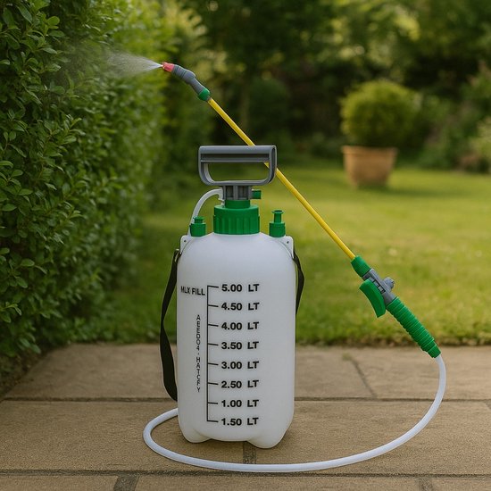 Kinzo Drukspuit 5L - Plantenspuit met Buigzame Slang - Incl. Draagriem - Hogedrukspuit - Besproeit Bloemen en Planten - Polypropyleen - Wit/Groen — afbeelding 2