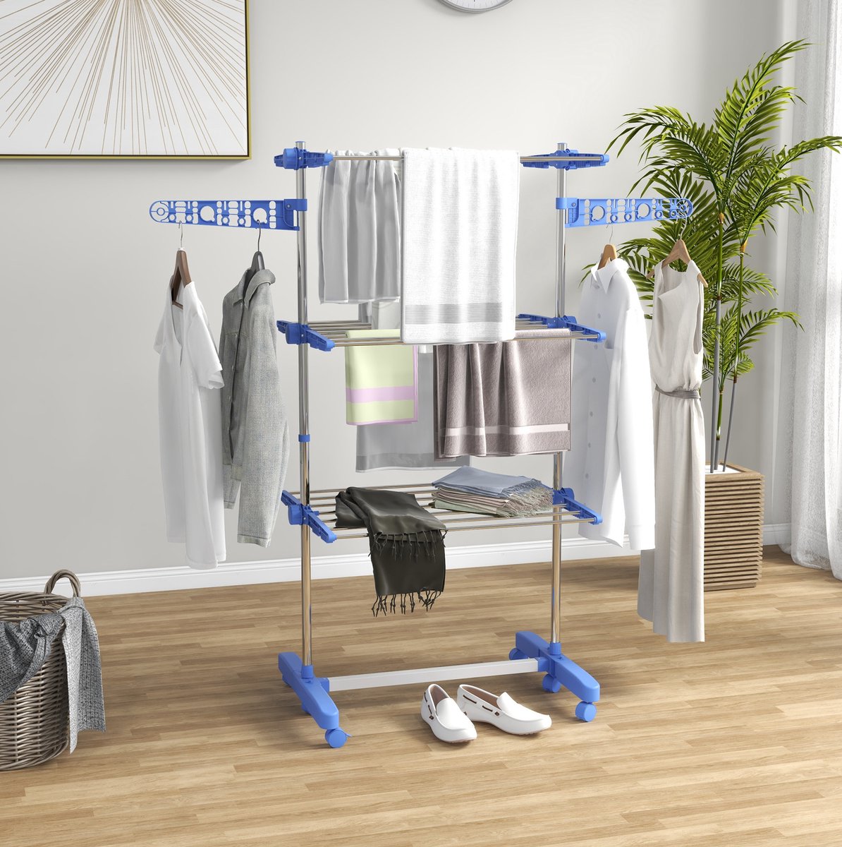 Droogtoren – 3 Niveaus, 142 x 55 x 152 cm – Opvouwbaar met Wielen – Staal – Blauw – Binnengebruik