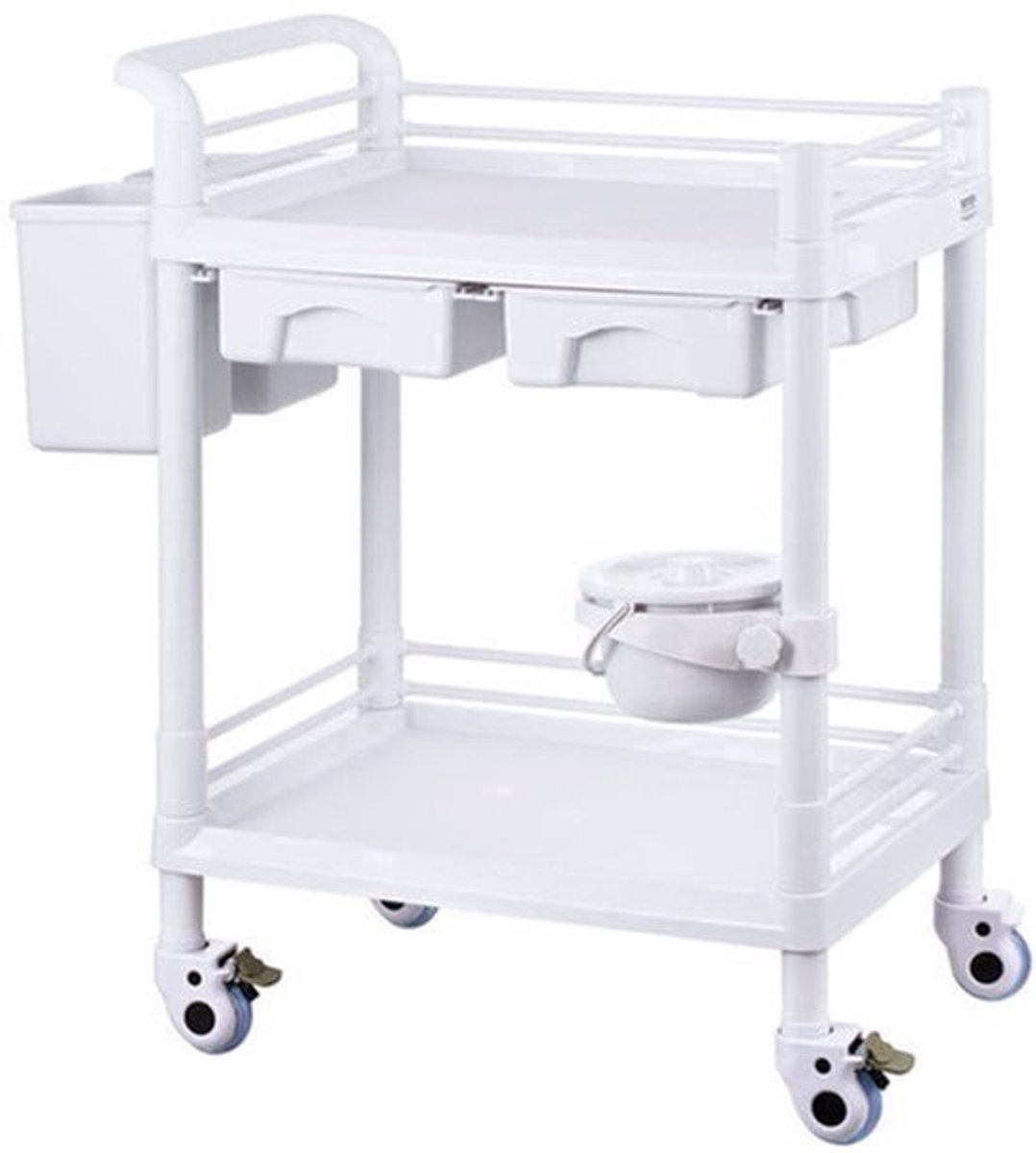 Medische Kar – Laboratoriumwagen – Mobiele Trolley – Rolwagen – Opbergwagen – 2 Etages & 2 Lades – 3 Afvalbakken Wit