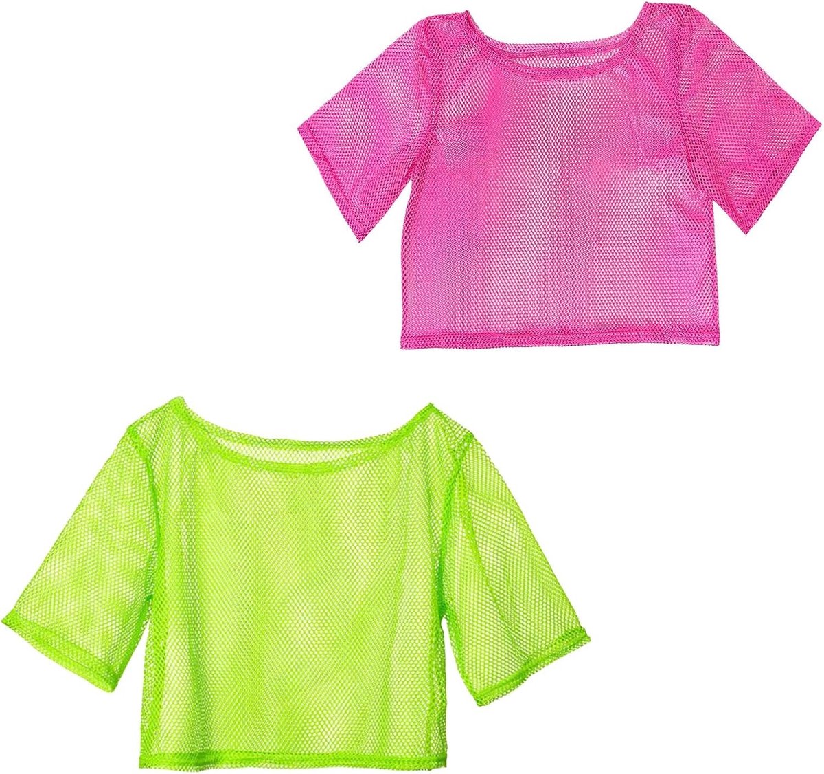 2 Stuks Neon Fishnet Tops voor Dames, Off Shoulder T-Shirt in 80s Punk Stijl, Retro Kostuum Accessoires voor Themafeesten en Feestkleding (Groen, Roze)